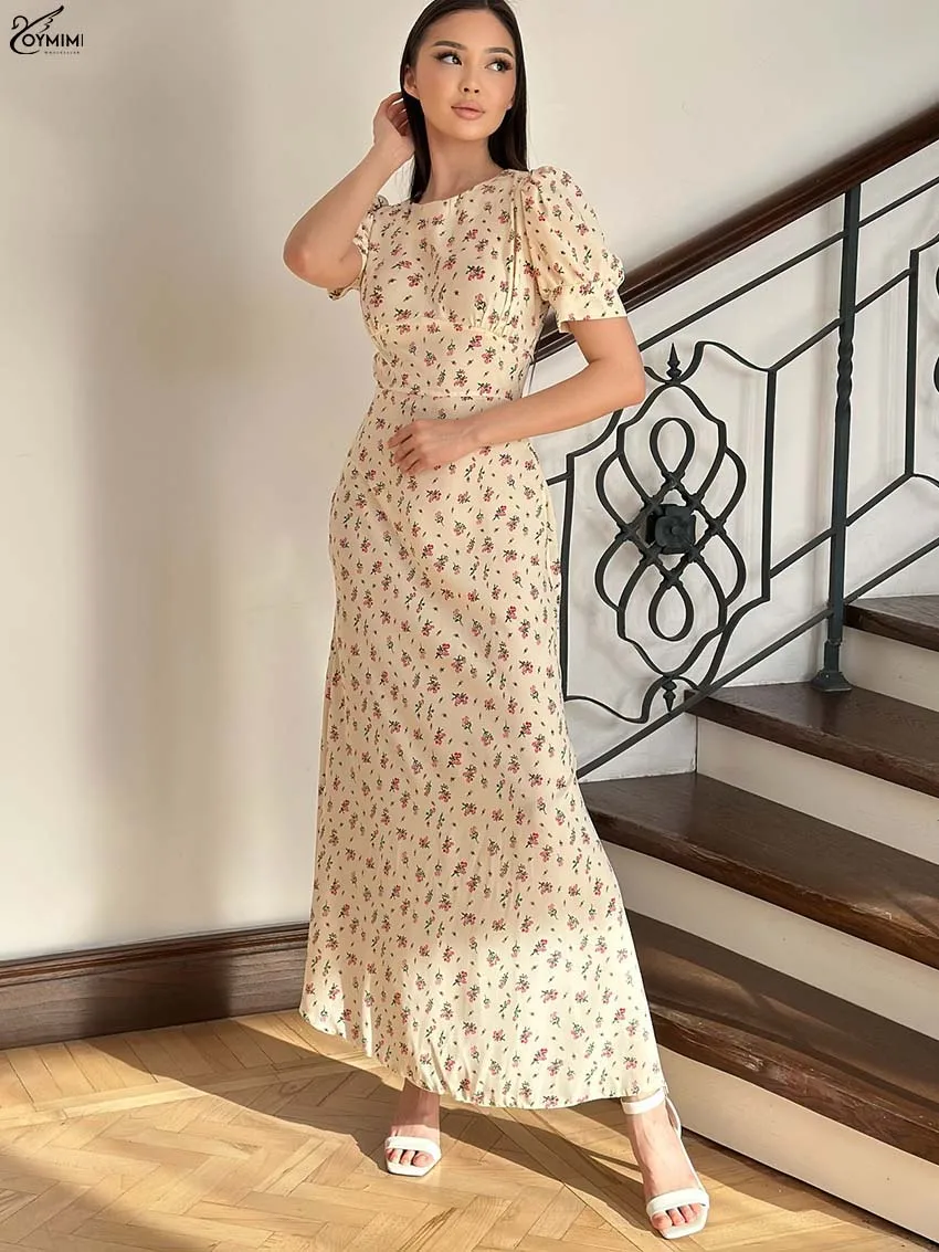 

Oymimi Casual Beige Print Womens Dresses Fashion O-Neck Short Sleeve Button Open Back Dresses Elegant Lace-Up Ankle-Length Dress