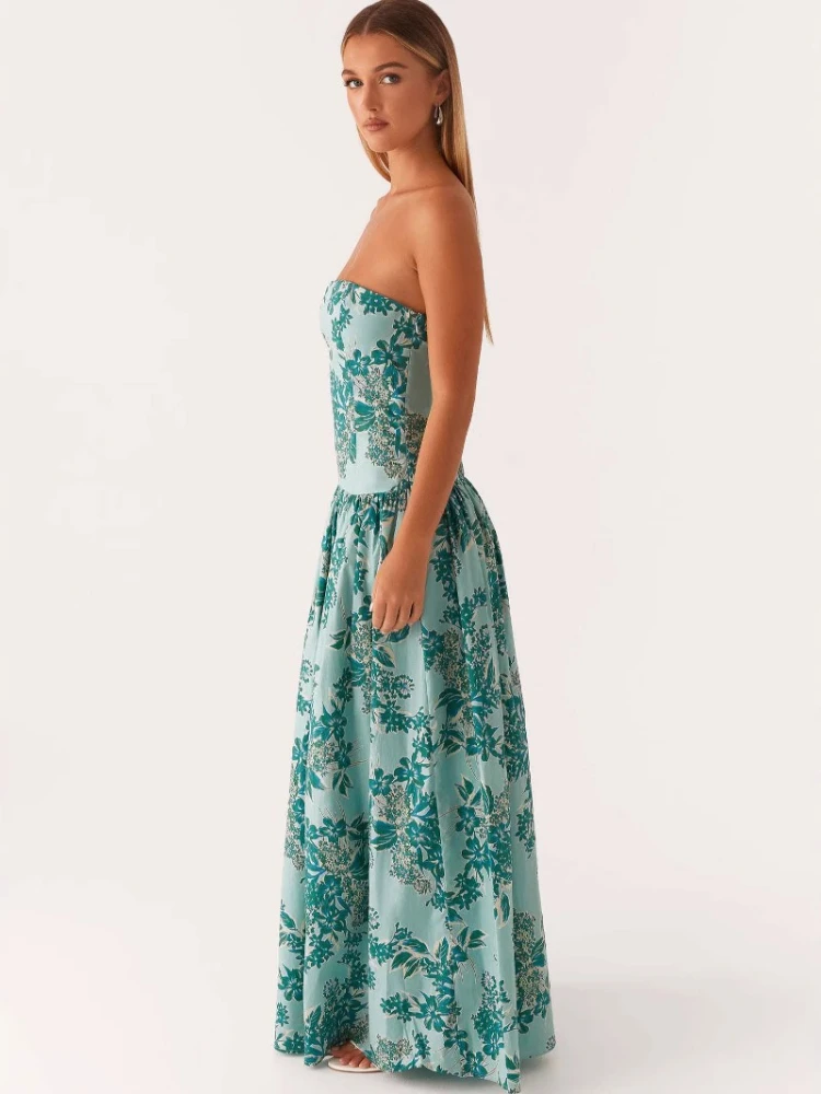Sumber Boho Strapless Hot Girl Print Dress Office Work Maxi Dresses Sleeveless Sexy Beach Party Long Dress for Women Clothing
