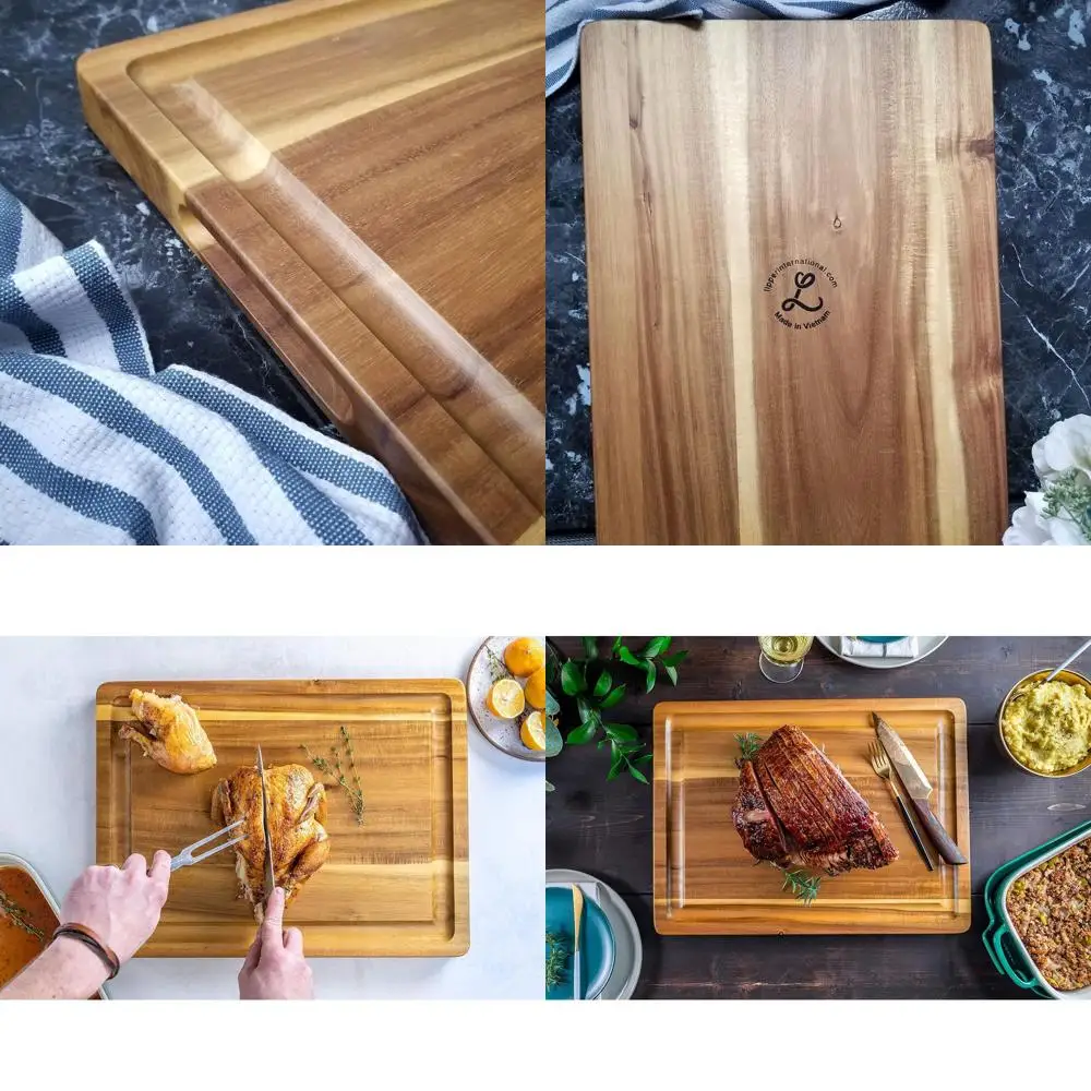 Deska do rzeźbienia z drewna akacjowego 20 x 15 cm, grubość 1,5 cm, z głębokim rowkiem i uchwytami do krojenia i serwowania mięsa.