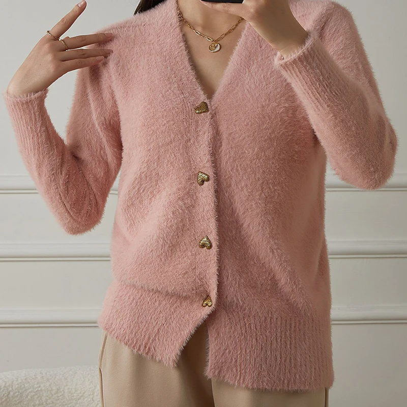 Elegante Mode Faux Nerz Pelz Strickjacken für Frau Y2K Französisch Herz Taste Pullover Oberbekleidung Frauen Herbst Neue V-ausschnitt Strickwaren