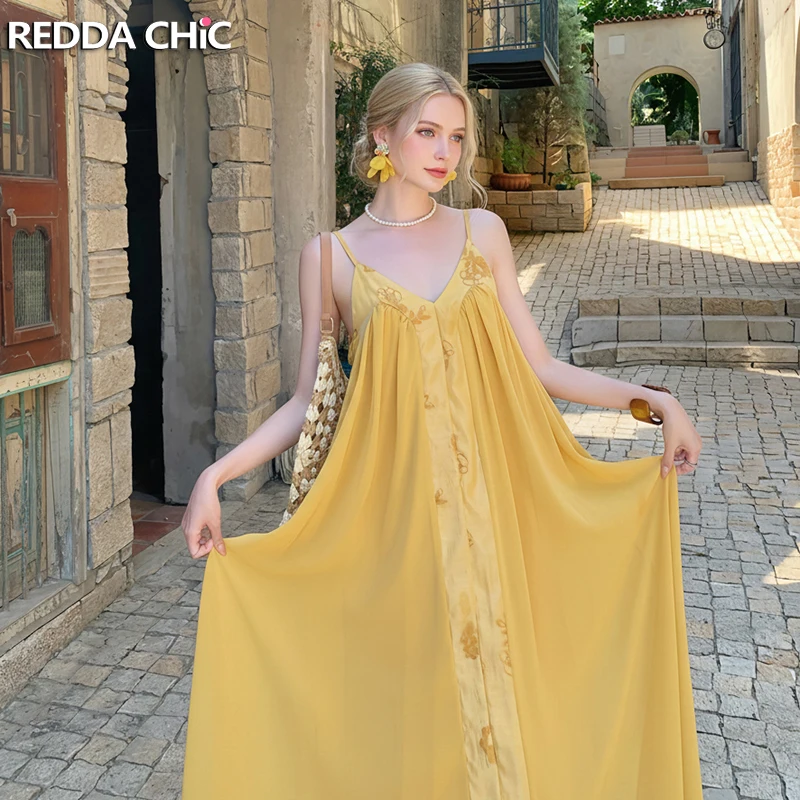 

Желтый женский сарафан REDDACHiC с V-образным вырезом, в стиле ретро, с лоскутным узором, на тонких бретелях, макси, длинное повседневное платье, богемная летняя одежда для отпуска