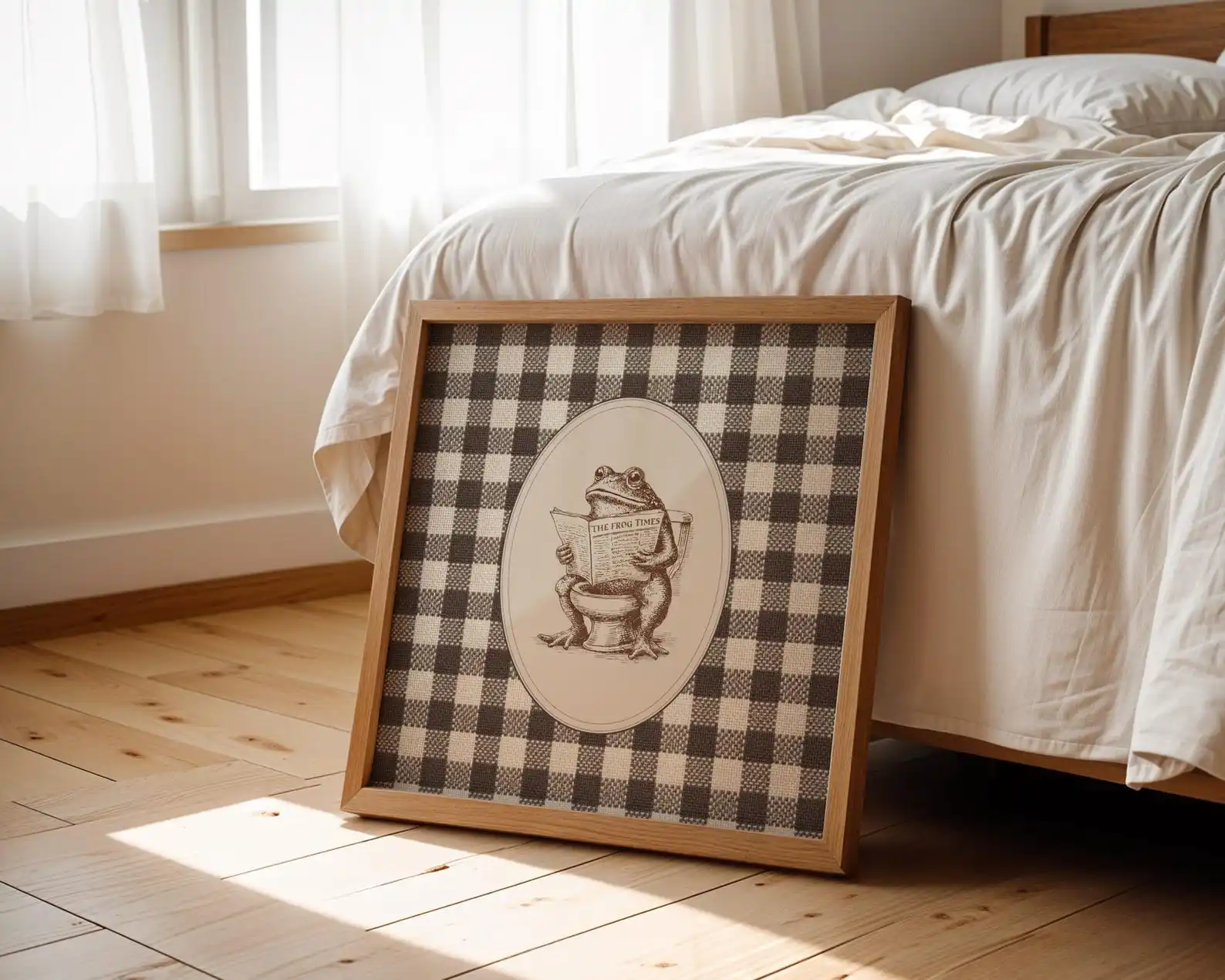 Funny Bathroom Vintage Frog On Toilet Poster, Frog Sketch, Checkered Vintage Wall Art, Bathroom Wall Art, Frog Reading Newspaper