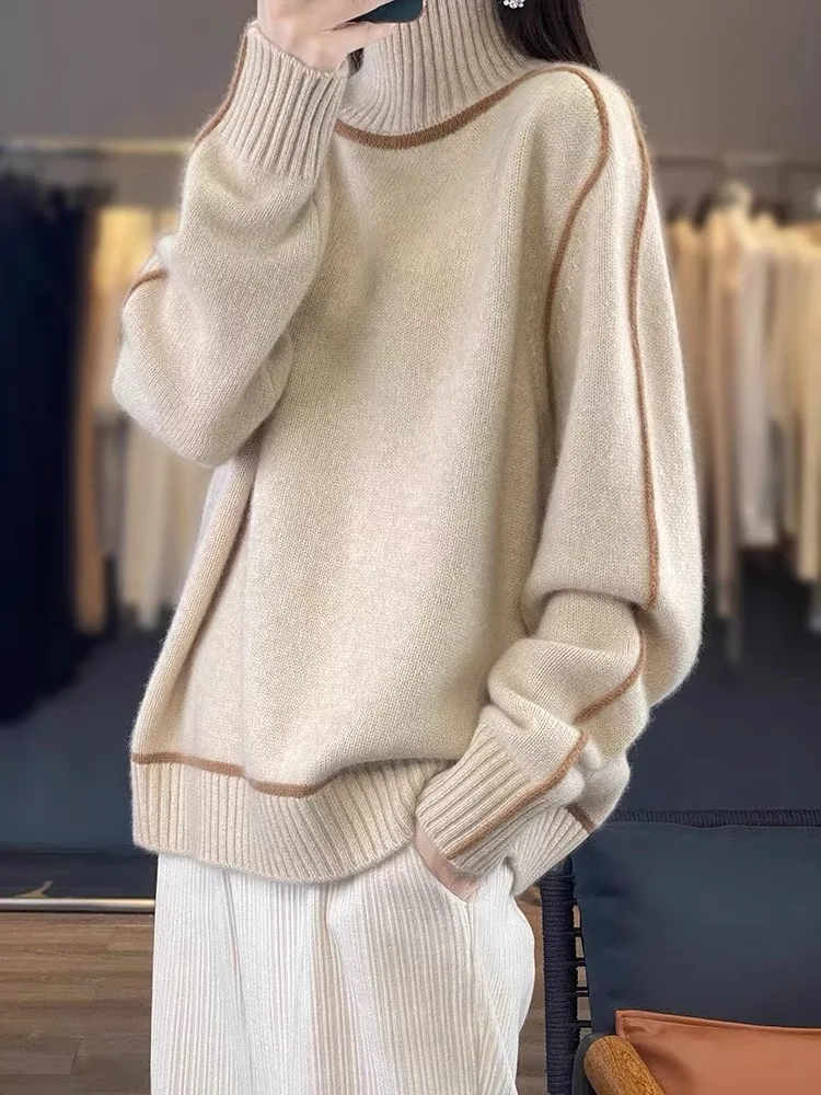 

Женский свитер Qingdao: вязаный шерстяной свитер с высоким воротником, утепленный, свободного кроя, осенне-зимний базовый топ в корейском стиле