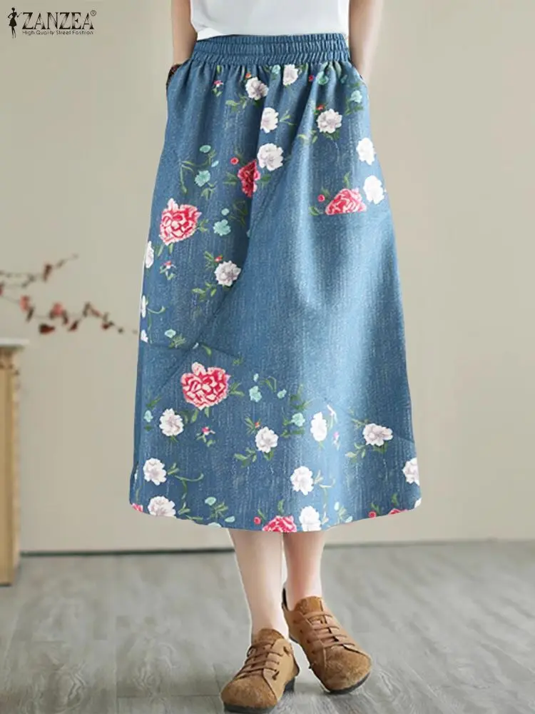 

ZANZEA, осенняя женская повседневная мешковатая юбка с принтом Jupe, с эластичной резинкой на талии, лоскутное платье Faldas Saia, миди, винтажная верхняя юбка трапециевидной формы