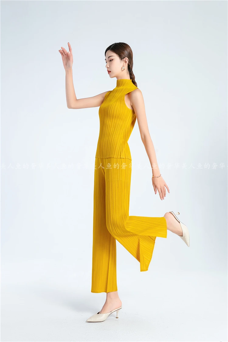 

HOT SELLING Miyake fashion fold high waist all-match solid trousers slit straight pants IN STOCK