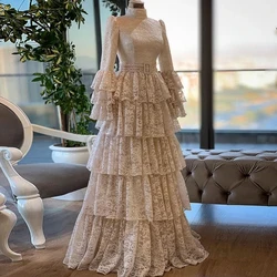 Elegant Muslim Lace Evening Dresses For Women Wedding Party Tiered Ruffles Long Sleeves Formal Event Gowns Prom Dress Customized