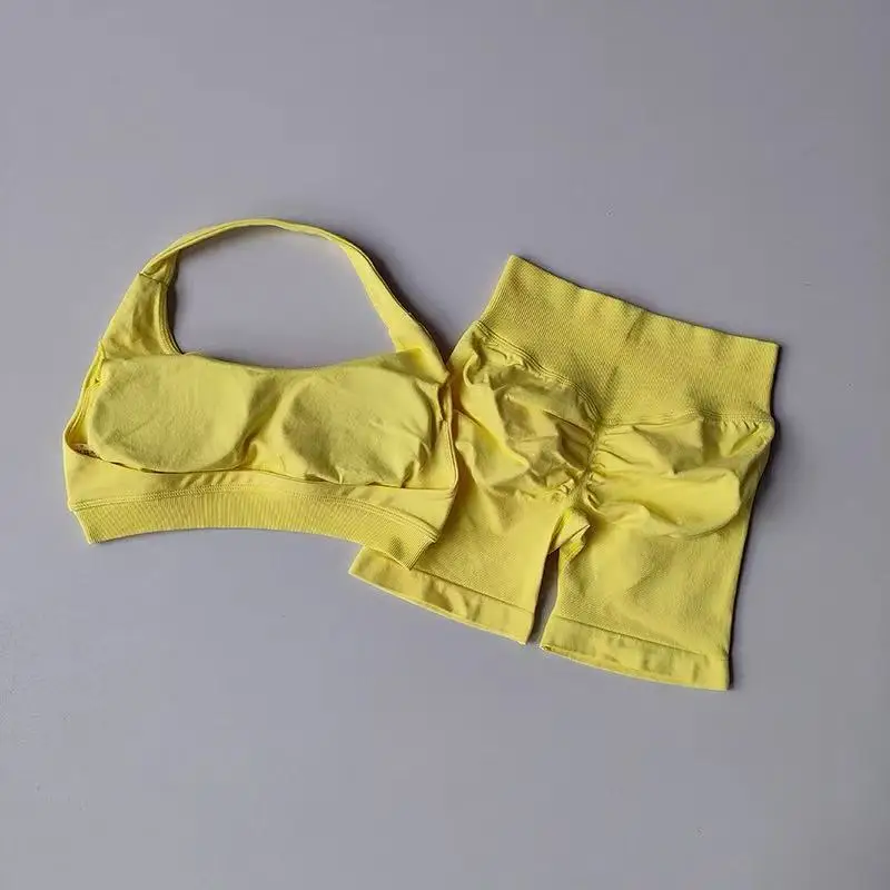 Sexy Halter Neck Beautiful Back High Waist Peach Sports Bras Shorts Suit Pilates Gathering Yoga Vest Training Fitness Bra Sets