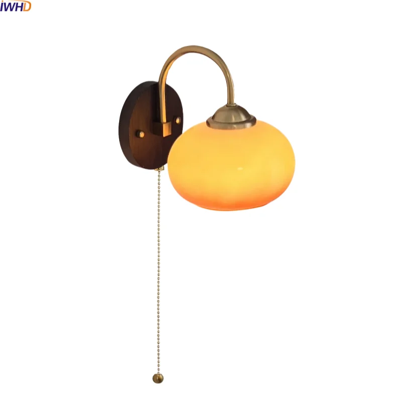 

IWHD Living Room LED Wall Lights Switch Indoor Luxury Round Glass Shade Wood Nordic Modern Bedroom Bedside Lamp Aplique Murale