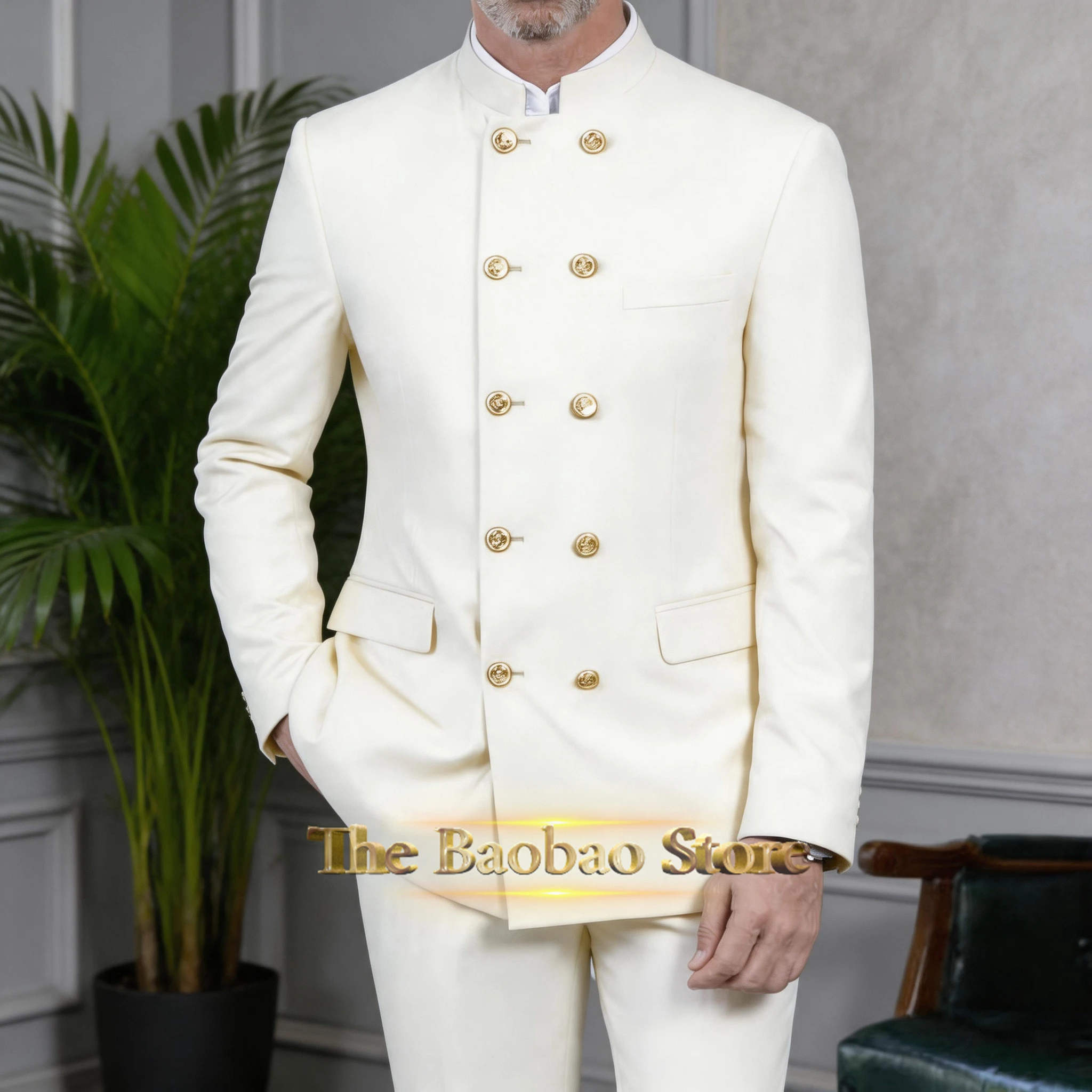 

Ivory men's safari suit classic 2-piece set gold buttons stand-up collar jacket pants custom tuxedo for wedding groom party