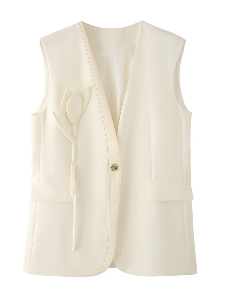

European style new women's fashion versatile temperament sleeveless applique color matching irregular vest jacket