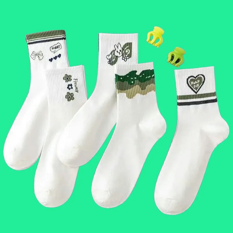 5/10 Pairs Women's Socks Sports Socks Striped White Socks Women Spring and Summer New Middle Tube 2024 Japanese High Top Socks