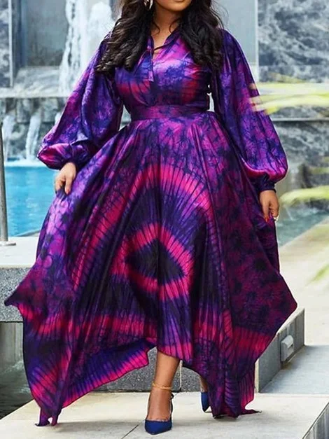 Purple Elegant Dresses For Women High Waist Loose Print 2022  Spring Plus Size Long Dress Evening Vintage Puff Sleeve Wholesale