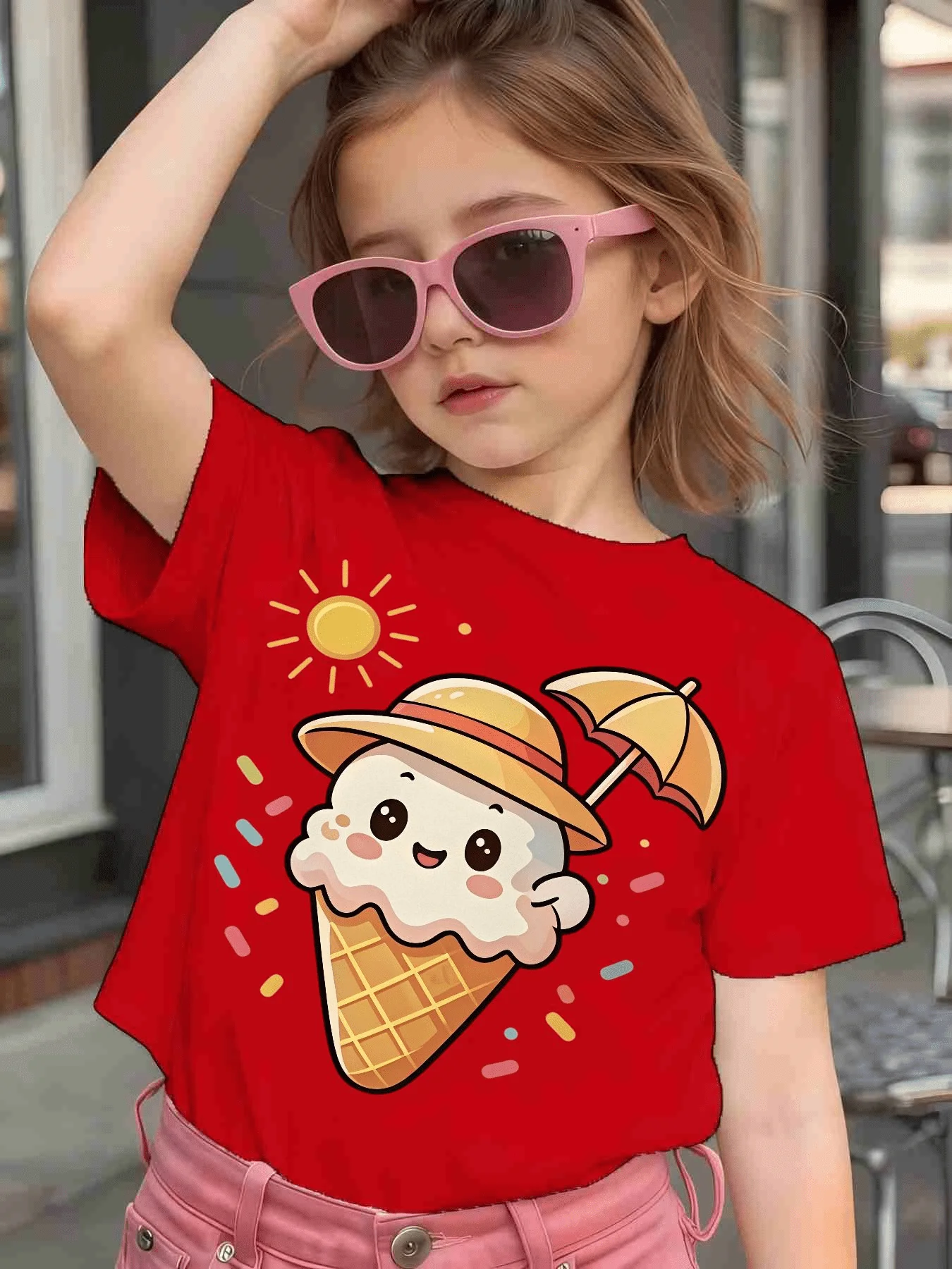 Cute Ice Cream Sun Umbrella Cartoon Graphic Kids Tee Boys Girls Family Matching Cotton Crew Neck Short Sleeve Soft Summer Tee
