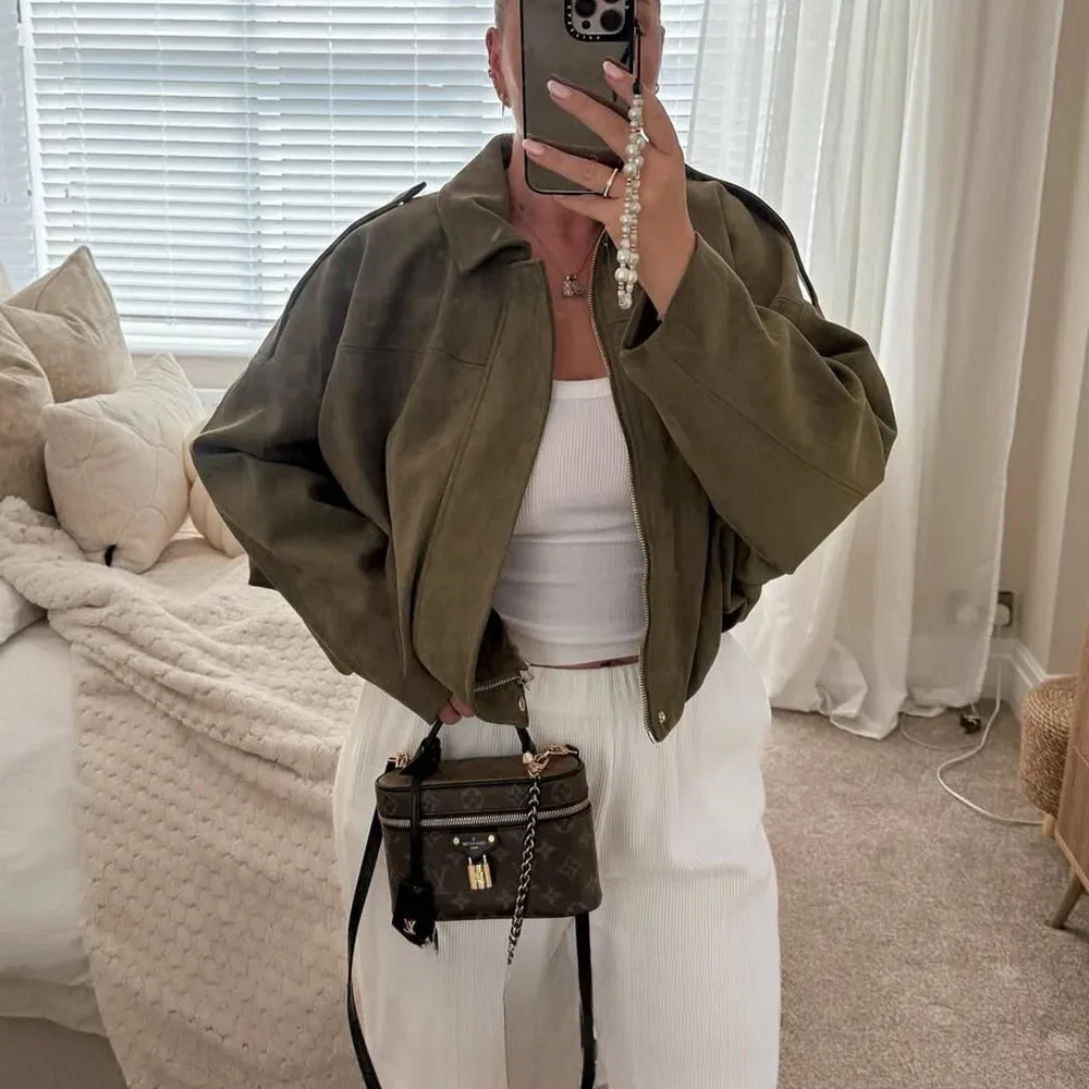 KONDALA 2025 خريف شتاء المرأة Bomber سترة التلبيب سحاب أكمام طويلة سترة من جلد الغزال المرأة عالية الشارع جاكيتات معاطف ملابس خارجية