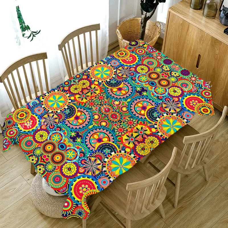 Moroccan Colorful Circle Flower Waterproof Tablecloth Outdoor Picnic Party Rectangular Tablecloth Restaurant Kitchen Accessories