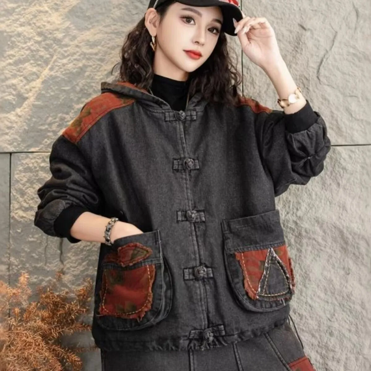 2024 herbst Winter Patchwork Gedruckt Mit Kapuze Denim Baumwolle Mantel Frauen LX2410