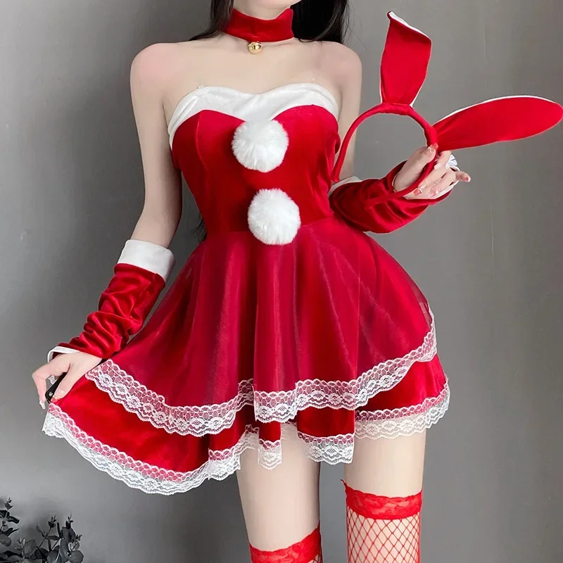 Christmas Maid Cosplay Costumes Lady Santa Claus Velvet Dress Sexy Lingerie Bunny Girls Uniform Lolita Rabbit Kawaii Outfits
