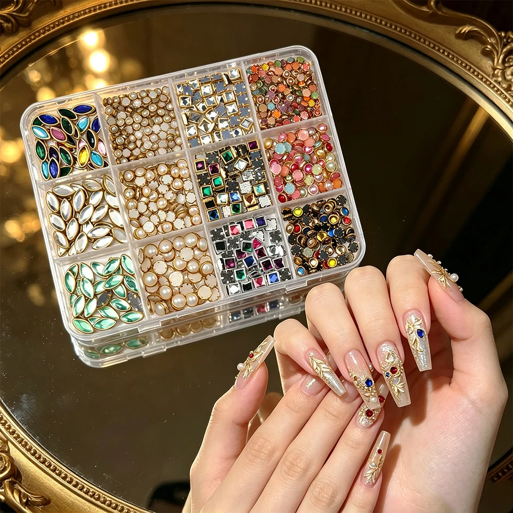 12 Grids Multi Shapes Flat Back Nail Gems, Gothic Punk Metal Framed Rhinestones Colorful Nail Art Charms, DIY Manicure Decors