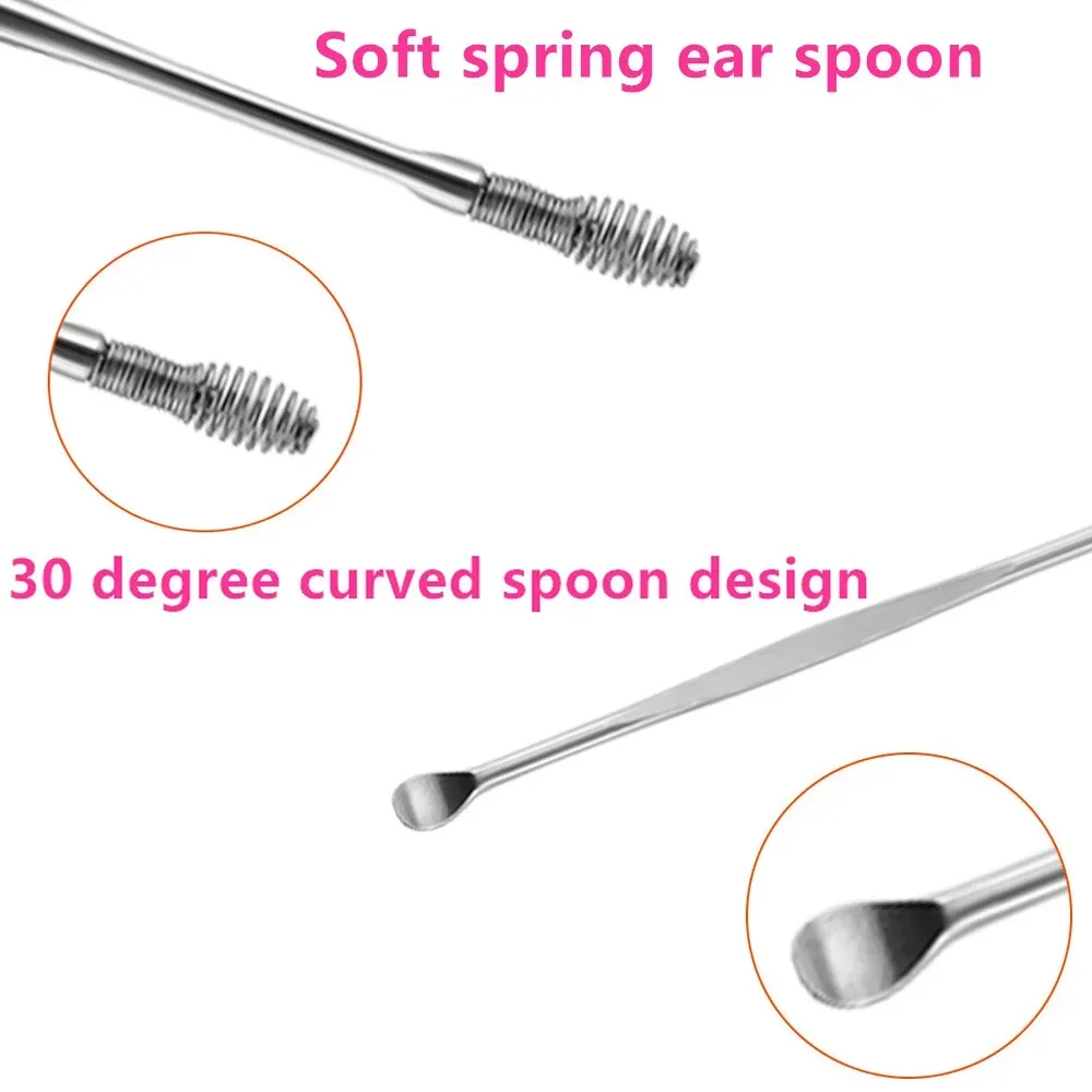 Pulizia dell'orecchio Spiral Earpick Ears Cleaner Earpick Earpick rimozione della cera cucchiaio per l'orecchio Curette Easy Remover Black Dots Cleaner Set Tools