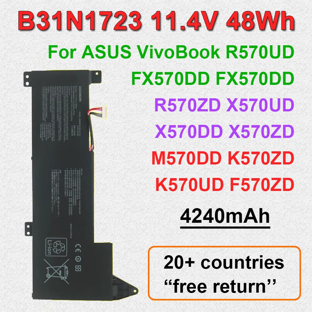 Laptop Battery 11.4V 48Wh For ASUS B31N1723 VivoBook R570UD X570UD X570DD X570ZD K570ZD K570UD F570ZD FX570DD M570DD Series