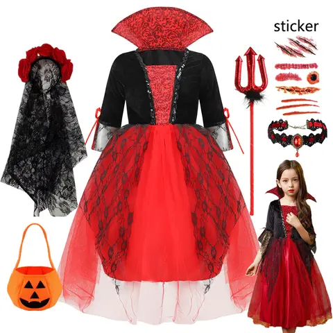 Girls Boys Vampire Costume Kids Ghost Bride Dress Performance Halloween Cosplay Children Birthday Party Dress Witch Clothes