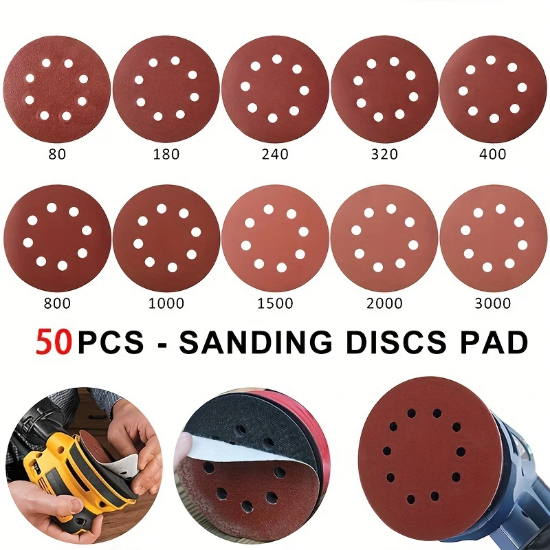 50PCS Sanding Discs 125mm Round Shape Sandpaper 8 Hole Mixed Grit 80-3000 Hook And Loop Disk Sand Sheets Polishing Tools