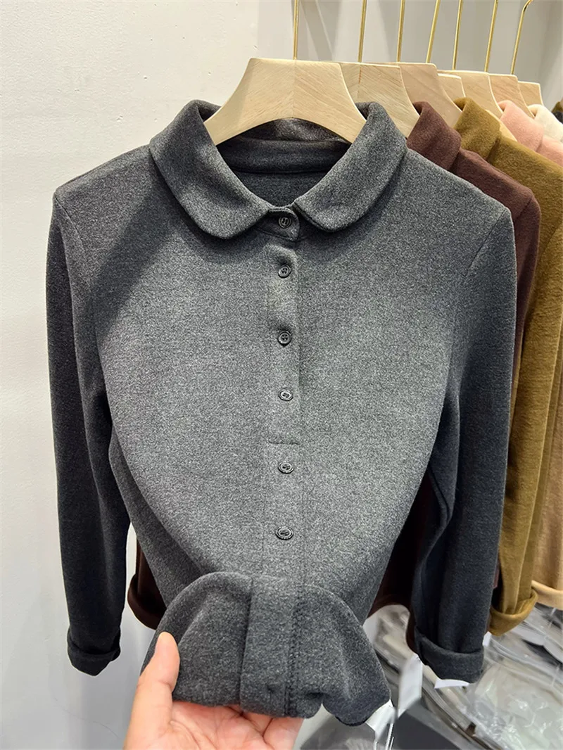 

Double-Sided Velvet Neck T-Shirt Warm Stylish Base Layer Knitted Women's Fashion Winter Top Cotton Polyester Blend