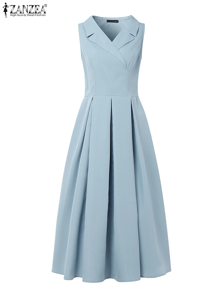 ZANZEA Elegant Party Dress แฟชั่นผู้หญิง V คอเอวชุด 2025 สไตล์ Solid สายทํางาน OL Sundress จีบ Vestidos Robe