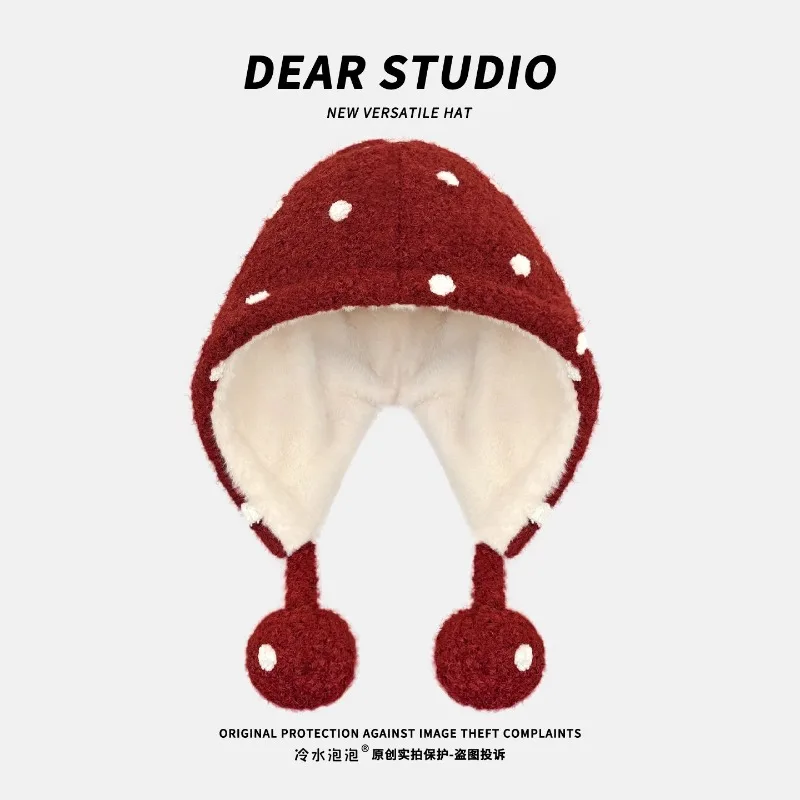 Korean Retro Polka Dot Red Plush Balaclava Hats for Women Winter Travel Versatile Warm Ear Protection Cute Pom-pom Bomber Hat