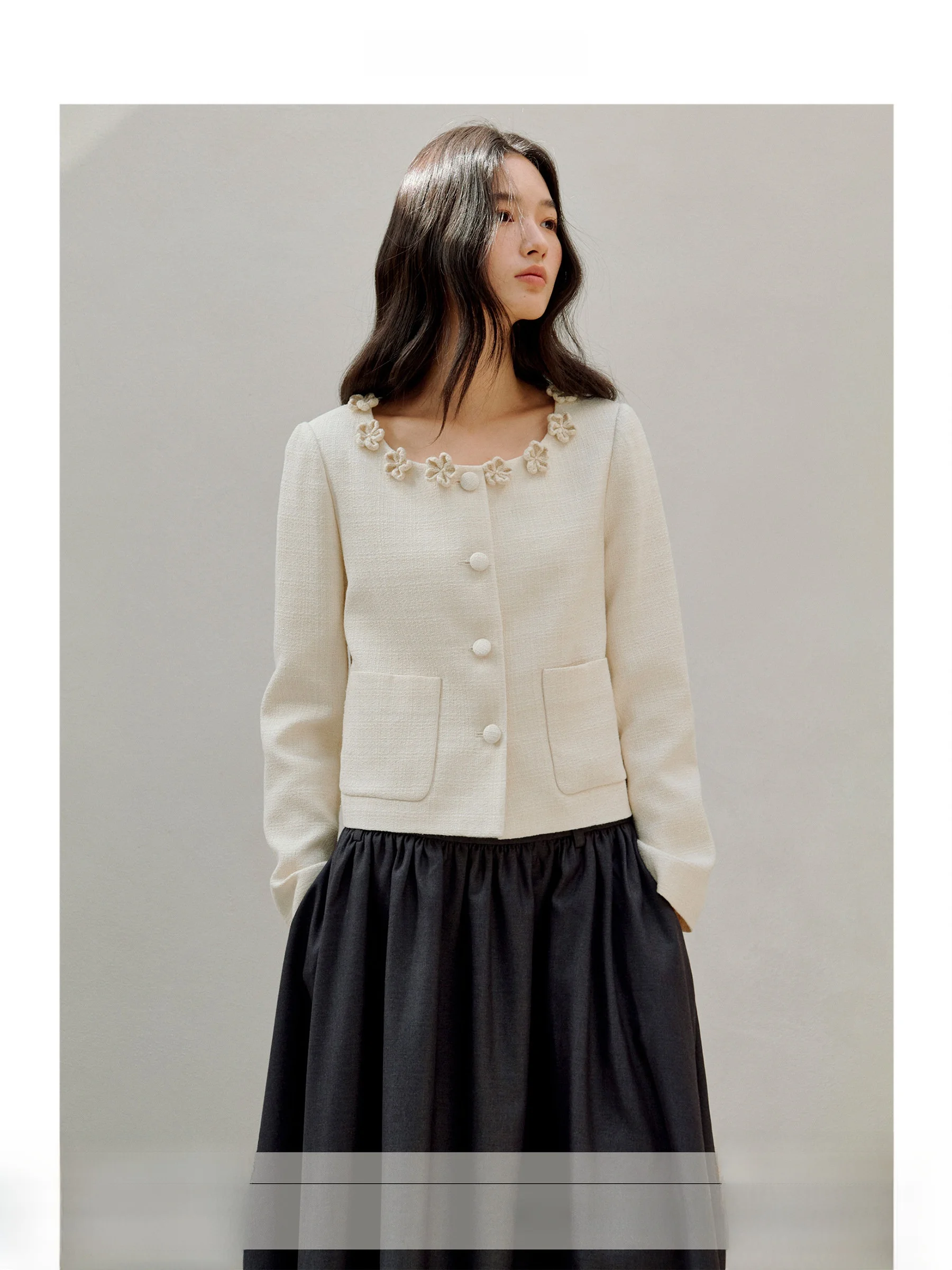 

Elegant Short Coat for Women Classic Large round Neck Hook Flower Design Cotton Blend Outerwear Spring Fashion Ladies' Jacket