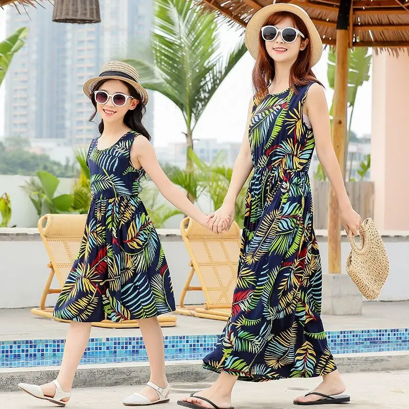 Summer Parent-child Long Dress Women Sexy Evening Party Beach Maxi Dresses Boho Floral Fashion Halter Sundress