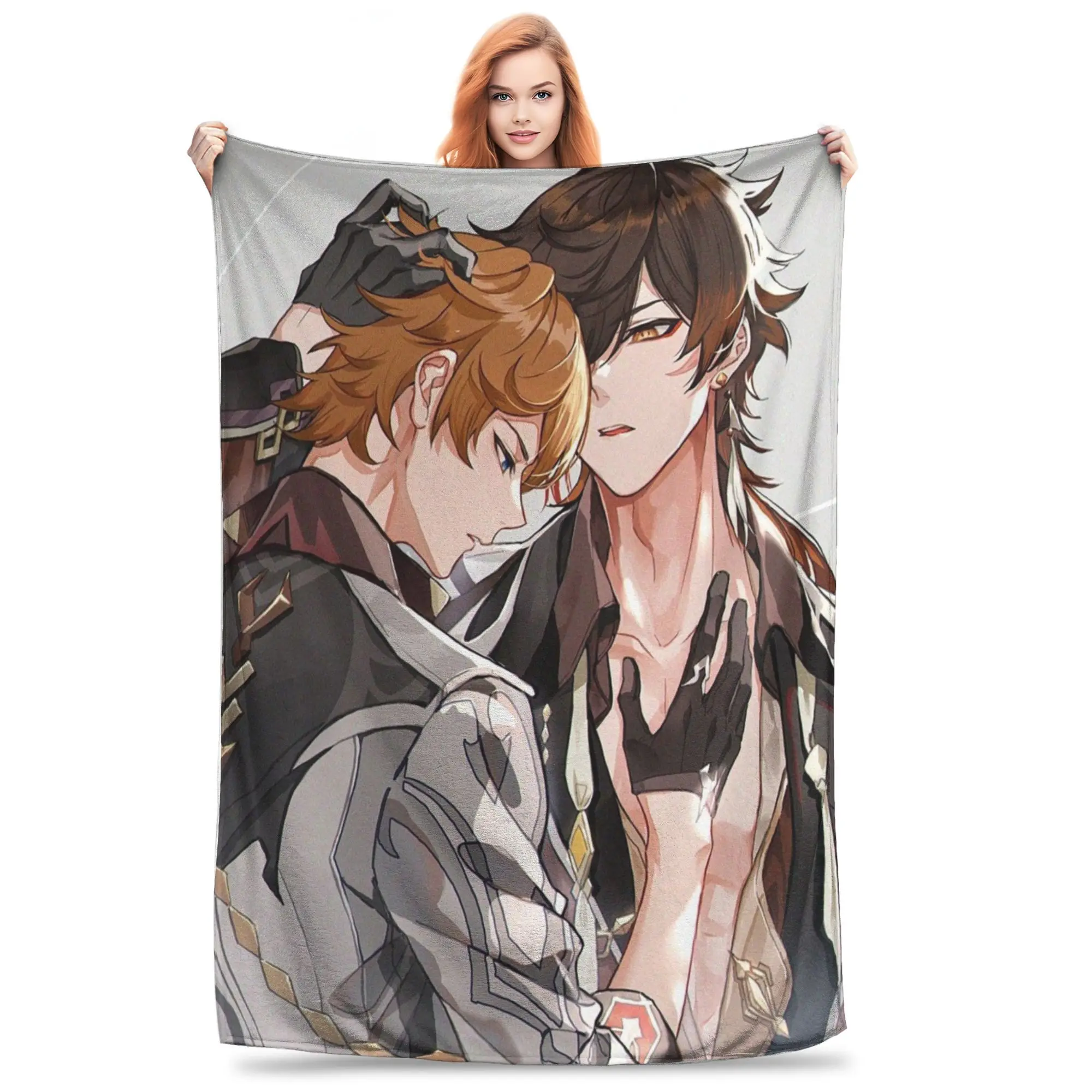 Zhongli Tartaglia Flannel Throw Blankets Genshin Impact Acg Anime Blankets for Sofa Office Super Soft Quilt
