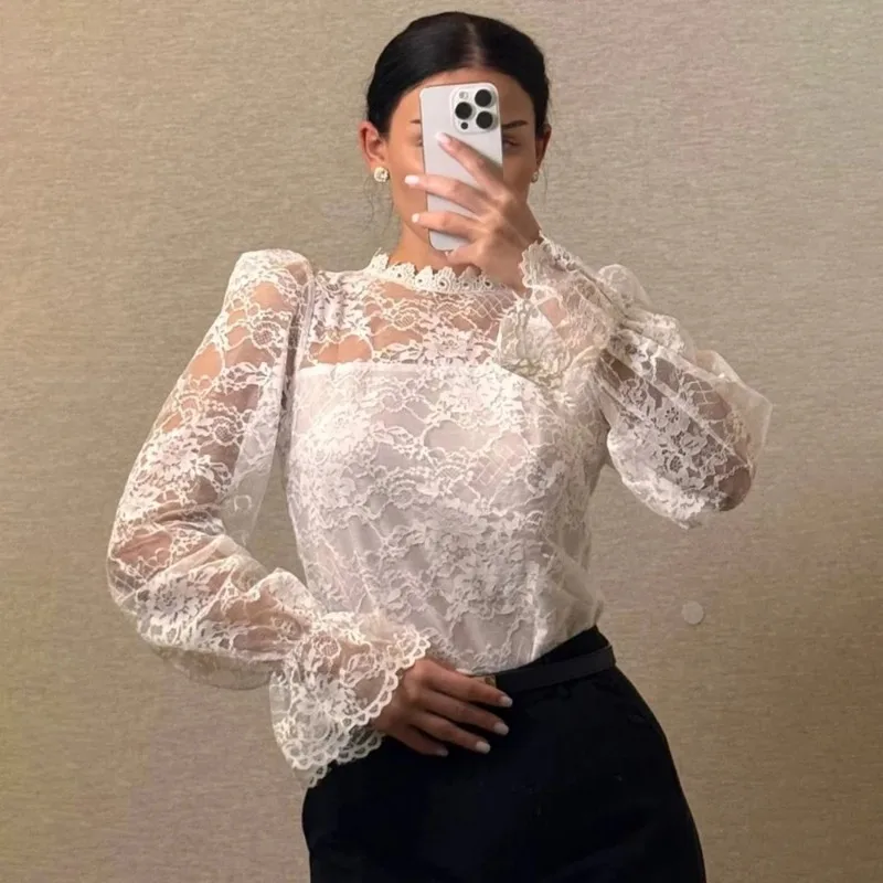 Talenza White Lace Blouse Women's Fashion See-Through Lace-Panel Patchwork Tops Elegant Luxury Office Casual New Women's Shirt