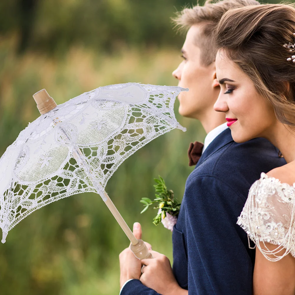 2 Pcs Prop Umbrella Stage Performance Ornament Lace Decorative White Parasol Cotton Bride