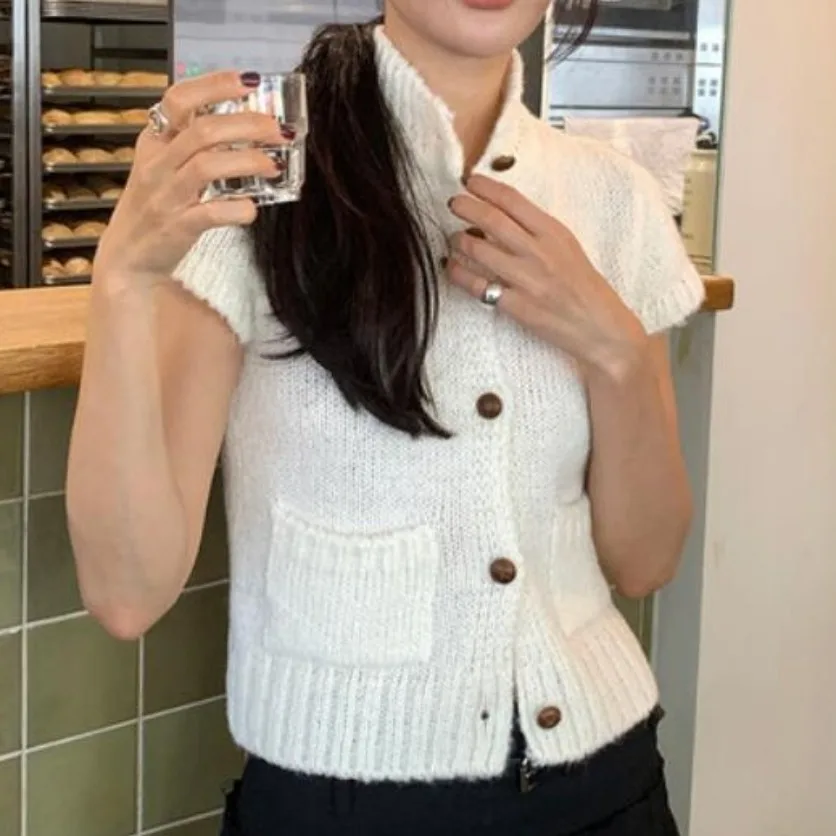 Chique vintage hoge kraag met één knop en Sve gebreide bovenkleding Dames Faion herfst winter polyestervezel vest