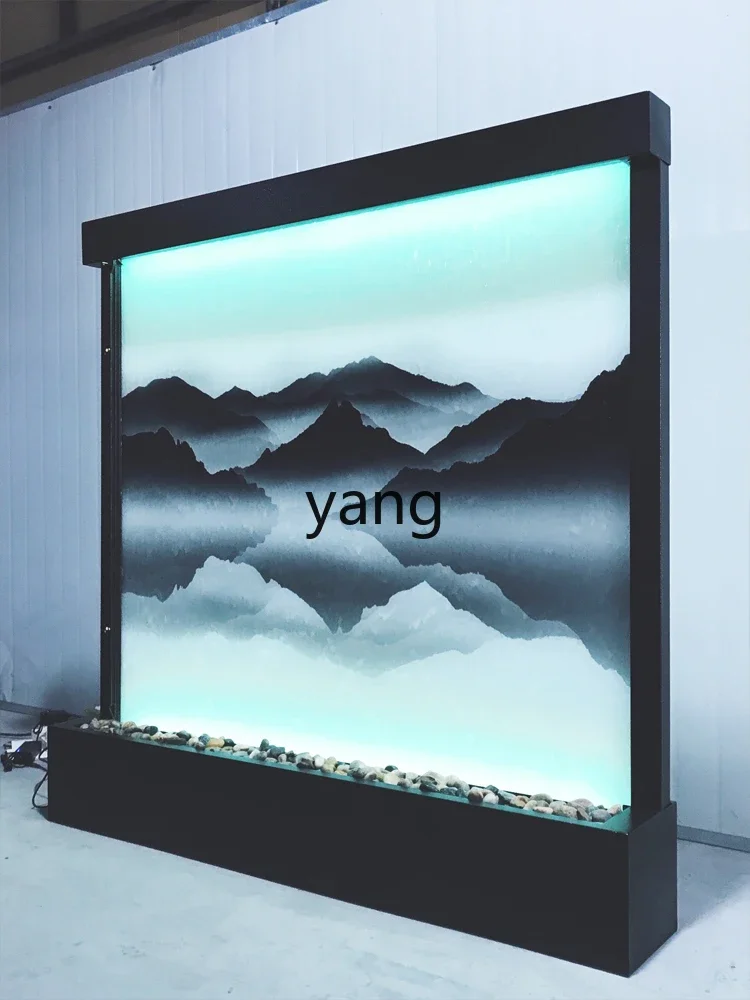 YJQ landscape painting Chinese feng shui curtain wall glass landscape indoor fountain waterfall humidified screen