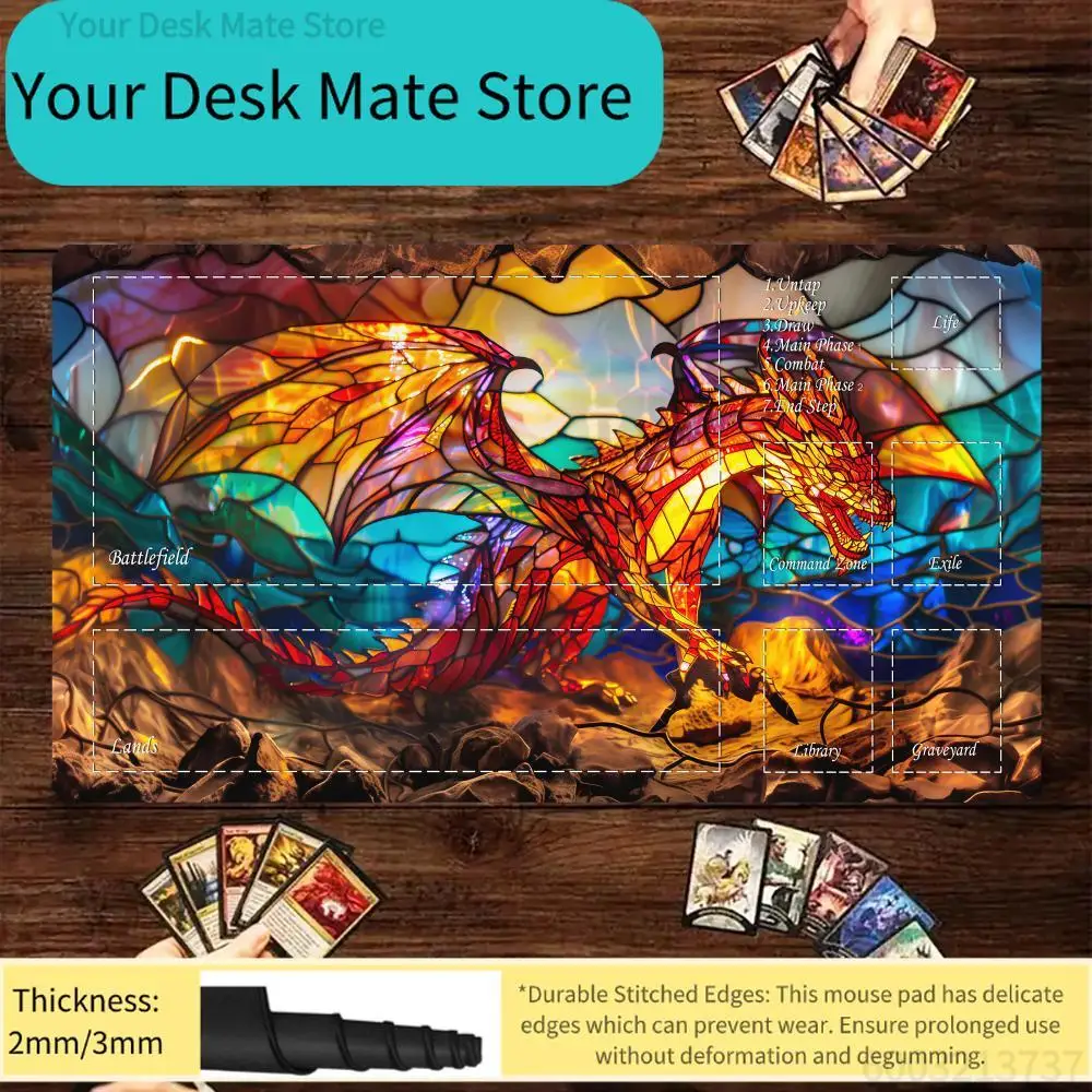 

1Pcs Stained Glass Dragon Print Large Stitched Edge Non-Slip TCG Playmat Desk Mat Mouse Pad