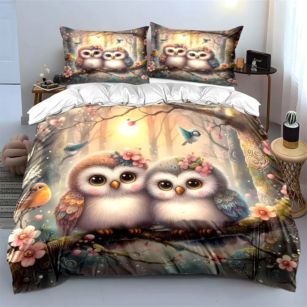 Whimsical owls on branch Print Bedding Set 1 Duvet Cover 2 Pillowcases for Adult and Children Luxury Gift Full Size