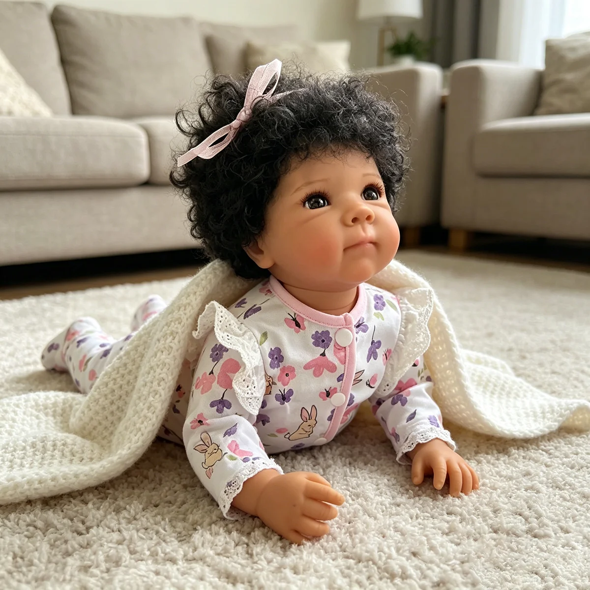 

48CM Bettie Dark Skin Reborn Baby Doll Realistic Newborn Girl with Hand-Rooted Curly Hair Silicone Vinyl Full Body Doll