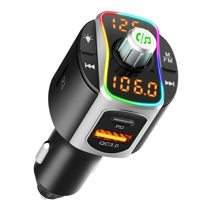 Bluetooth 5.0 Car FM Transmitter,Car Audio Adapter Receiver,QC3.0 Charging Hands Free Car Kit With 7-Color Backlit