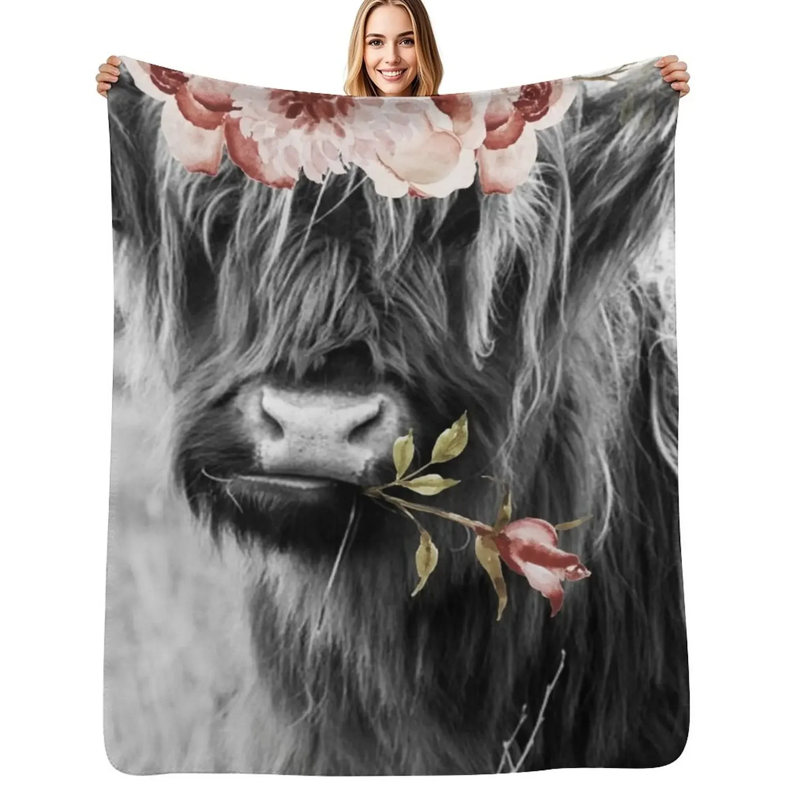 

Highland Cow Portait with Flowers Throw Blanket Decoratives Summer Beddings Single Blanket