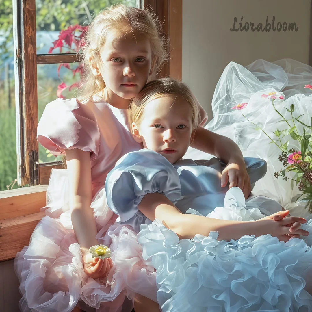 Abito Formale Multicolore con Maniche a Sbuffo per Bambine, Vestito da Damigella in Tulle, Abbigliamento da Cerimonia, Abito Stile Tutu da Balletto