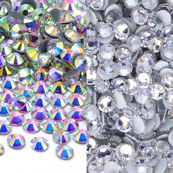 Glitter Crystal AB Round Glass Flatback Self-adhesive Rhinestones Various Sizes Hotfix Crystal For Needlework Wedding Dress DIY
