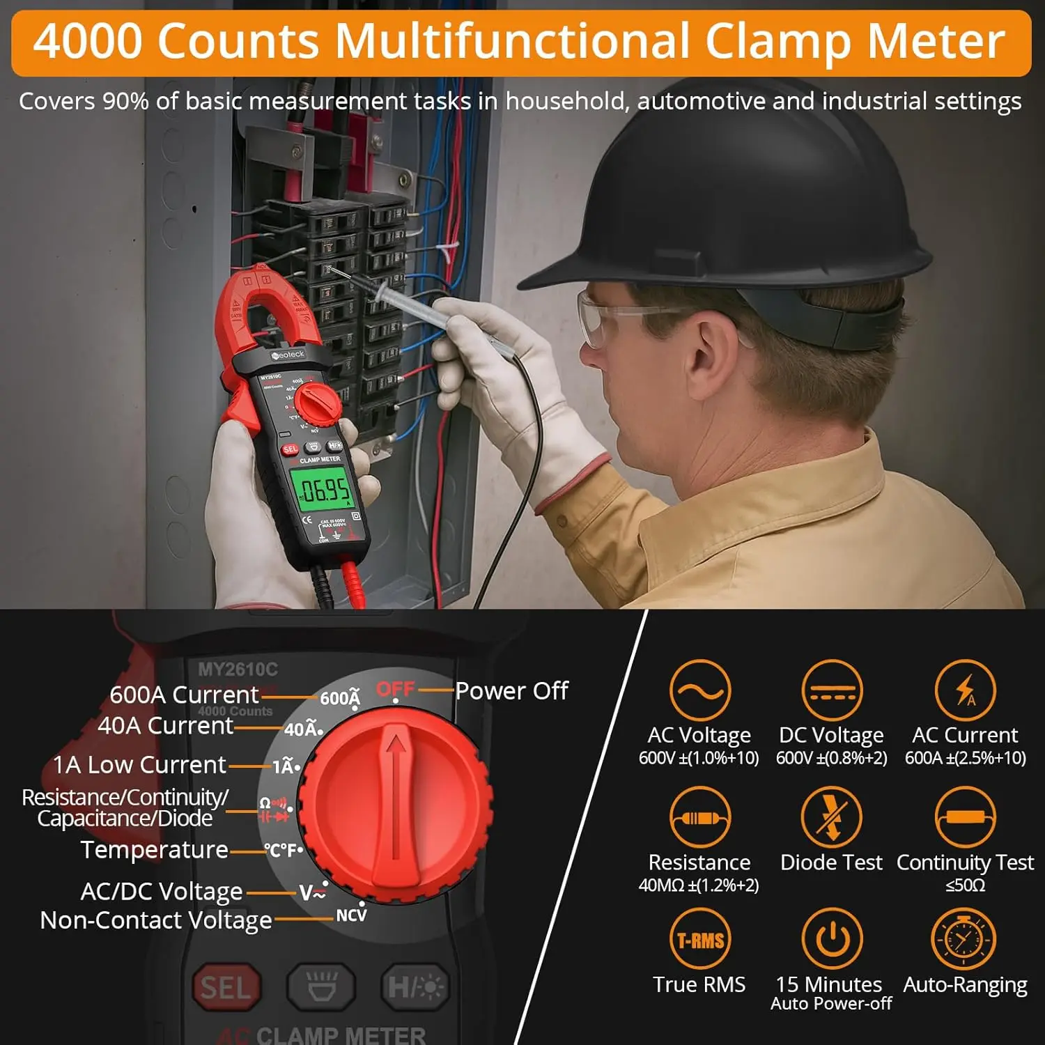Clamp Meter 4000 Counts TRMS AC/DC Tegangan 600A Auto Range Multimeter Digital dengan Kapasitansi Kontinuitas Resistansi NCV Dioda T