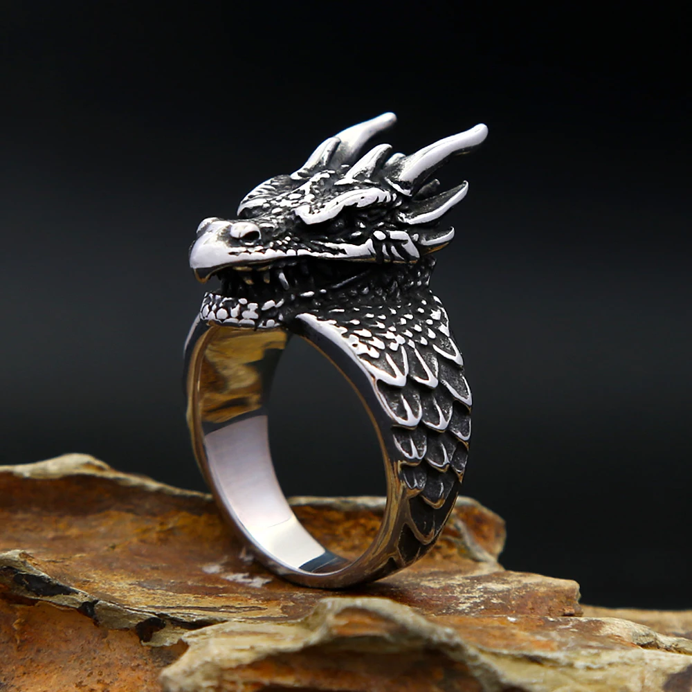 Punk Vintage Viking Dragon Ring Stainless Steel Nordic Amulet Ring For Men Fashion Biker Animal Jewelry Gift Dropshipping