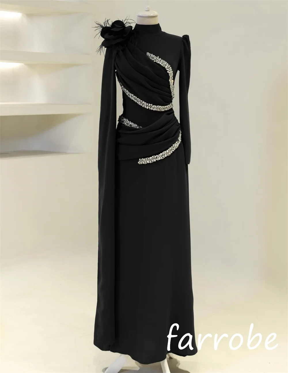 Customized Intricate Matching Jersey Sequined Flower A-line High Collar Long Dresses Bespoke Occasion Formal