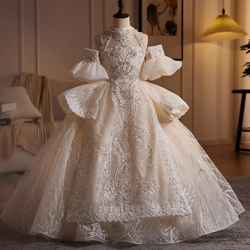 Girls High-end Dress Fluffy Yarn Light Luxury Niche Party Princess Dress Children Host Piano Performance Dress Dance