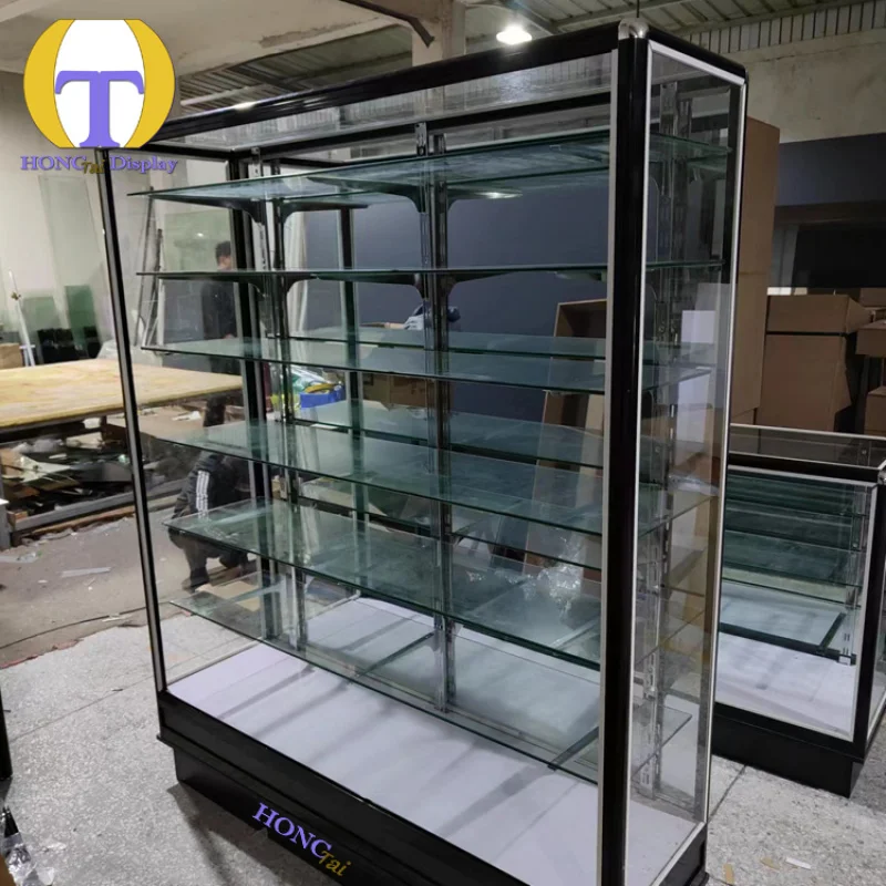 custom.New Design Wall Display Cases Glass Showcase Hot Selling Locking Front Aluminum Tempered Glass Colorful LED Strip L