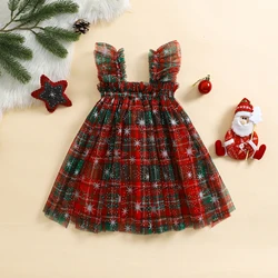 Baby Girl Tulle Dress Sleeveless Square Neck Candy Cane/Plaid Print Tutu Dress Toddler Princess Dress