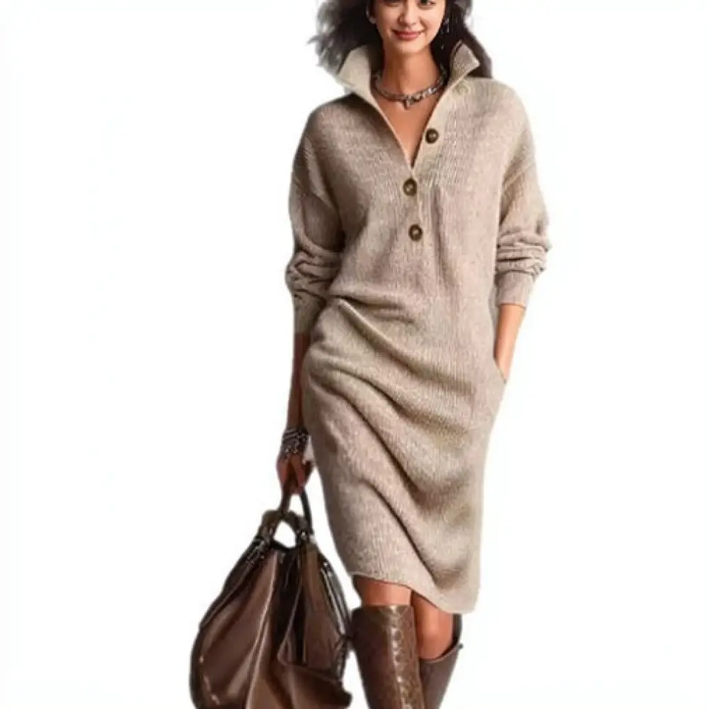 Women Autumn Sweater Dress Long Sleeve Lapel Button Up Loose Straight Ribbed Knit Midi Dress Fashion Casual Streetwear